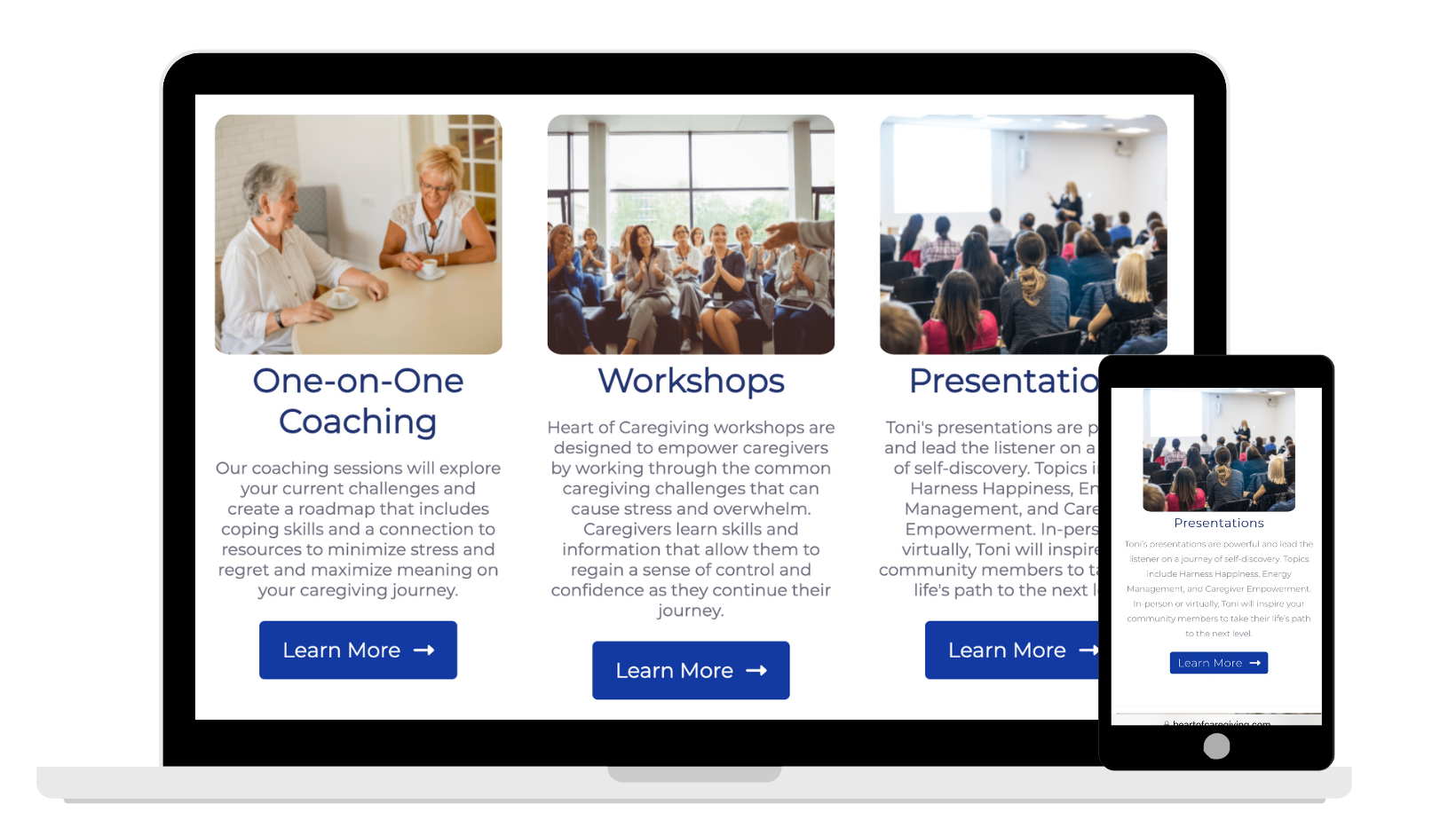 Heart of Caregiving welcome page for desktop and mobile